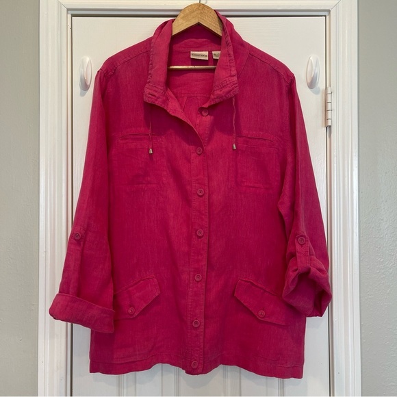Chico's Pink 100% Linen Long Sleeve Button Down Jacket Top Women's Size 3 (XL) - Picture 1 of 10
